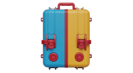 Isolated, blue and yellow hard suitcase with red latches, handle, and trim, seen from a frontal angle