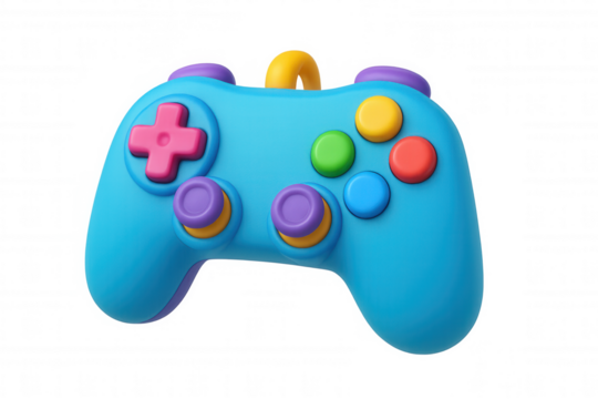 Cartoon 3d game controller for gaming, featuring vibrant buttons and dual analog sticks, on transparent background