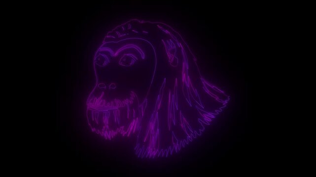Abstract neon outline of a monkey s face with flowing fur against a dark background