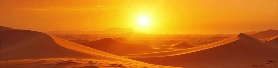 Scorching Midday Sun on Desolate Desert Dunes Heat Shimmer and Mirage Effect Illustrate Extreme Arid Landscape