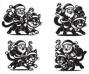 Santa Claus with Cat Vector | Funny Christmas Kitty Illustration | Holiday Cartoon Design