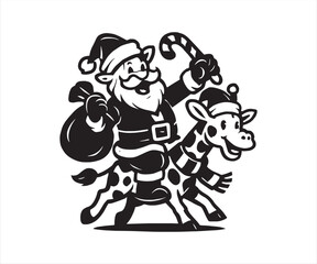Santa Claus with Giraffe Vector | Funny Christmas Safari Illustration | Holiday Animal Clipart