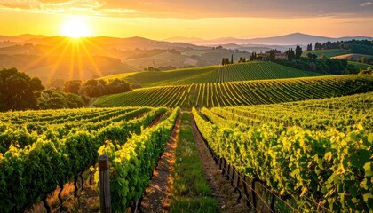 Vineyard Landscape at Sunset with Rolling Hills and Golden Sunlight Over Grape Vines in Tuscany Italy