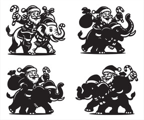 Santa Claus with Elephant Vector | Funny Christmas Jungle Illustration | Holiday Animal Art