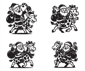 Santa Claus with Giraffe Vector | Funny Christmas Safari Illustration | Holiday Animal Clipart
