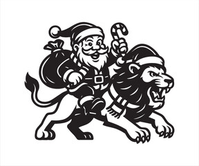 Santa Claus with Lion Vector | Brave Santa Christmas Illustration | Holiday Animal Clipart