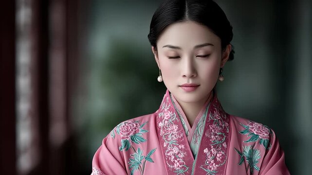 Elegant oriental woman in pink cheongsam
