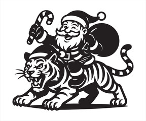 Santa Claus with Tiger Vector | Funny Christmas Santa Illustration | Holiday Animal Clipart