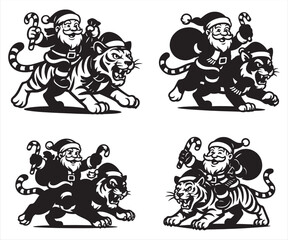 Santa Claus with Tiger Vector | Funny Christmas Santa Illustration | Holiday Animal Clipart