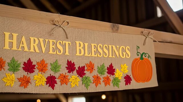Harvest Blessings" sign with wheat, fall leaves, pumpkin on burlap in a barn setting