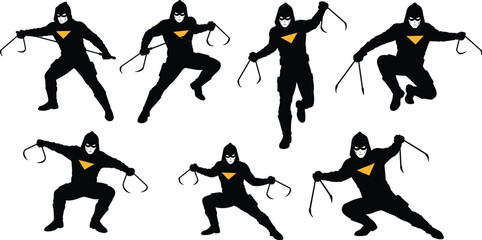 Ninja or masked assassin silhouettes set, dynamic action poses with grappling hooks and rope, climbing, jumping, and fighting vector graphics, isolated spy figures.