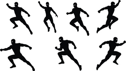 Action superhero and athlete silhouettes set, running, jumping, and fighting poses, dynamic motion vector graphics, comic book inspired athletic male figures, fitness and power.