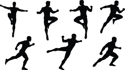 Action superhero and athlete silhouettes set, running, jumping, and fighting poses, dynamic motion vector graphics, comic book inspired athletic male figures, fitness and power.