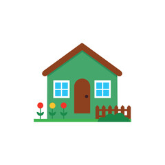 Charming green cartoon house with flowers and fence