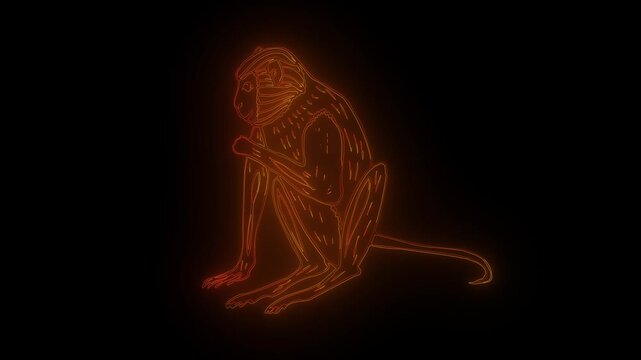 Stylized neon outline of a sitting monkey with a thoughtful pose on a black background