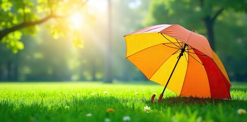 Brightly Colored Umbrella on Grassy Lawn, Sunny Day, Relaxed Summer Atmosphere, Casual Outdoor Scene, Happy Holiday Feeling