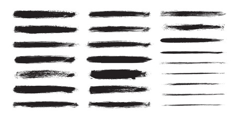 black paint brush stroke set, grunge ink stroke textures, hand drawn dry brush lines, abstract paint streaks and artistic ink smudge collection for graphic design element and digital artwork
