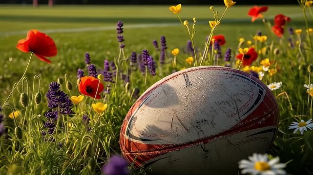 Rugby ball rests in vibrant meadow of wildflowers under sunlight on a green field
