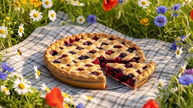 Lattice-crust berry pie with a slice removed, set amidst wildflowers and checkered cloth