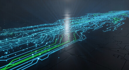 Dynamic visualization of glowing digital pathways forming a complex network, symbolizing vast data flow and interconnected communication streams in a futuristic technological infrastructure