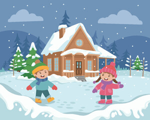 "Cozy Winter Vector Scene Featuring a Snow-Covered House with a Boy and Girl Playing Outside – Charming Snowy Landscape Illustration"