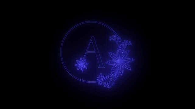 Elegant neon blue letter a monogram with floral accents and circular frame on a black background