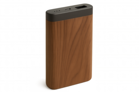 Portable power bank with wooden texture casing, providing mobile charging and modern technology on transparent background - Powered by Adobe