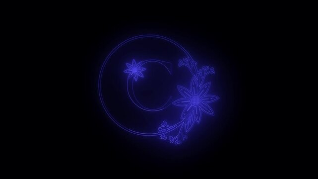 Elegant blue neon letter c with floral design on a dark background animated graphic