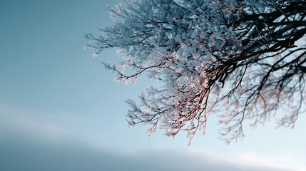 Frost-covered branches sparkle against a blue winter sky at dawn