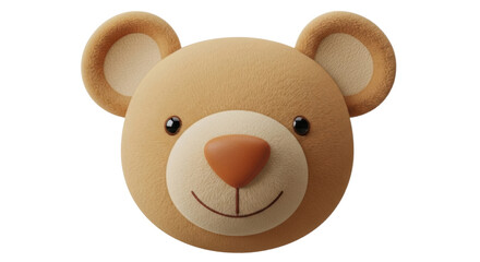 Isolated brown teddy bear head with round nose, ears, and smile for kids and cute plush toys