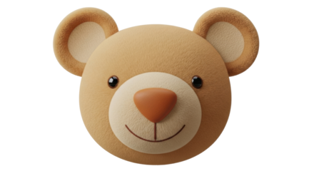 Isolated brown teddy bear head with round nose, ears, and smile for kids and cute plush toys