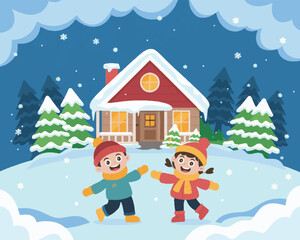 "Cozy Winter Vector Scene Featuring a Snow-Covered House with a Boy and Girl Playing Outside – Charming Snowy Landscape Illustration"