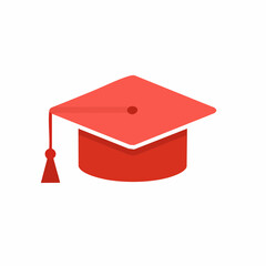 Red graduation cap icon. Mortarboard hat for academic ceremony and educational achievement.