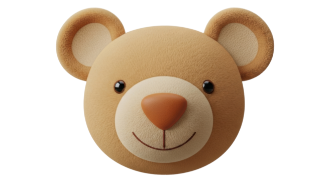 Isolated brown teddy bear head with round nose, ears, and smile for kids and cute plush toys