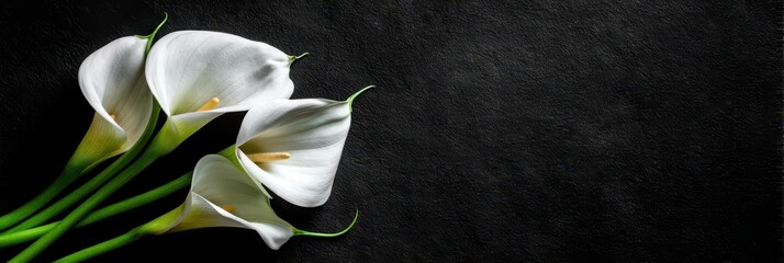 Fototapeta premium Deepest Sympathy Card with Calla Flower on Black Background. Memorial and Condolences Concept for All Souls Day