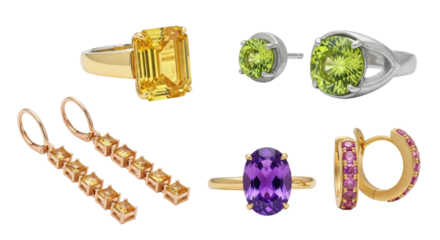 Isolated fine jewelry rings and earrings on a light backdrop for fashion jewelry advertising