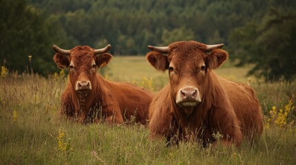 Fototapeta premium Dexter Cattle: Two Cows Relaxing in the Meadow, Farm Animals in Brown Pasture