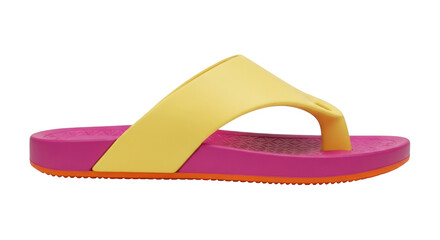 Isolated vibrant bright yellow and pink summer fashion flip flop for vacations and beach wear