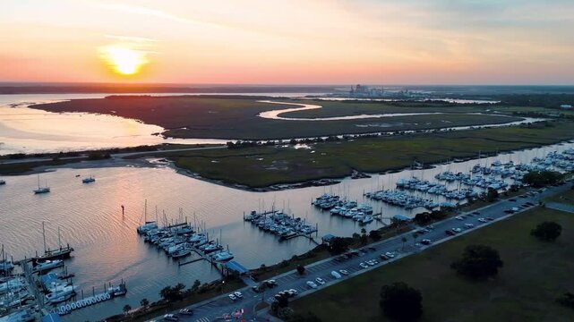 Aerial landscape of coastal wetlands summer sunset in Brunswick city southeast coast of Georgia