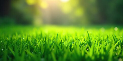 Sunlit Dew-Kissed Lawn Vibrant Green Grass Glistening After Rain, Perfect SpringSummer Wallpaper