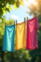 Sun-Drenched Laundry Drying on a Clothesline Freshly Washed Clothes Swaying Gently in a Summer Breeze, Perfect for Spring Cleaning and Home Organization Themes