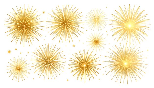 Golden fireworks exploding on white background festive celebration