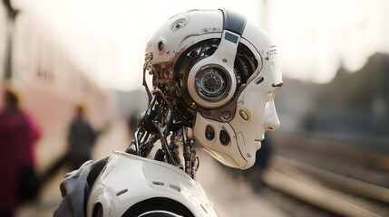 Fototapeta premium Close-up view of robot head. robot artificial intelligence in future technology concept, close up of robot face