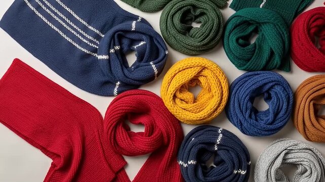 Variety of colorful knitted neck warmers and scarves arranged on a light grey surface