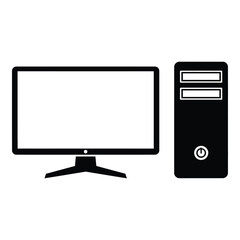 Modern desktop computer monitor and tower unit simple icon graphic element silhouette