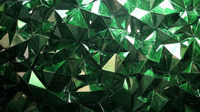 A 3D abstract green crystal background with faceted emerald textures in macro view, panoramic polygonal composition creating a vibrant, gem-inspired digital wallpaper. - Powered by Adobe