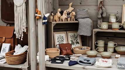 Market stall featuring handcrafted ceramic wares, wooden toys, and knitted items