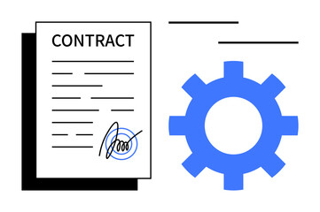 Signed contract paper beside a large gear, symbolizing agreement, collaboration, workflow, and process management. Ideal for business, partnership, legal, automation operational efficiency