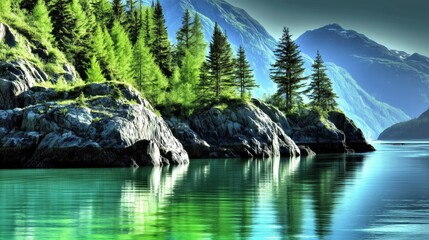 Lush green forested cliffs reflecting in crystal clear emerald water under bright sunlight Concept of pristine nature and eco harmony