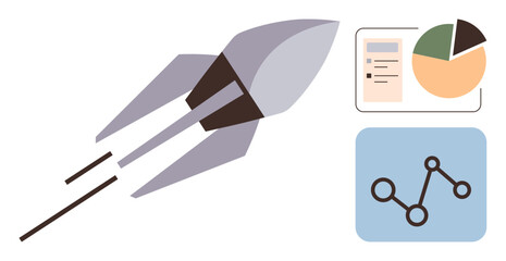 Rocket soaring next to pie chart and line graph emphasizing progress, growth, and analytics. Ideal for innovation, business strategy, market growth, startup goals, development, success simple flat